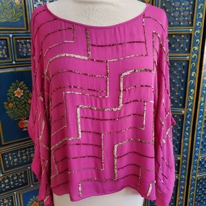 Anthropologie Parker Magenta Purple Silk Blouse Bronze Sequins Women's Size S